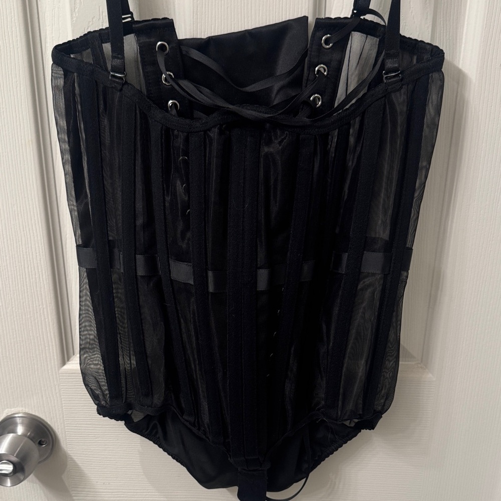 Chic Black Lace-Up Sheer Bodysuit - Picture 3 of 3